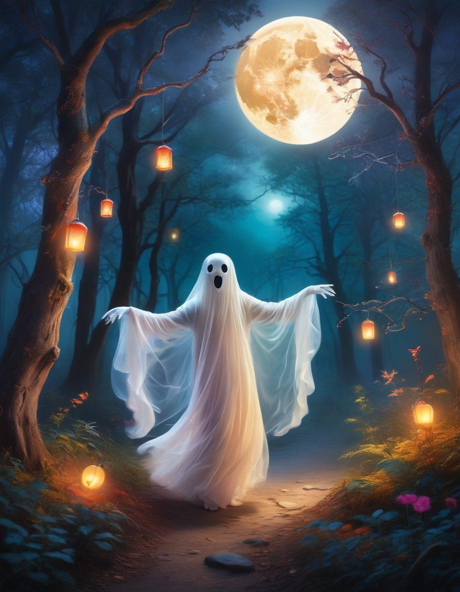 A whimsical scene depicting a cheerful ghost dancing under a full moon, surrounded by playful spirits and glowing lanterns in a misty forest. The trees have twisted branches adorned with colorful, magical orbs, while a hint of mischievous fairies flit about. Capture an atmosphere of enchantment and delight, highlighting the joyful side of the supernatural. vibrant colors. ethereal glow. surreal art.
