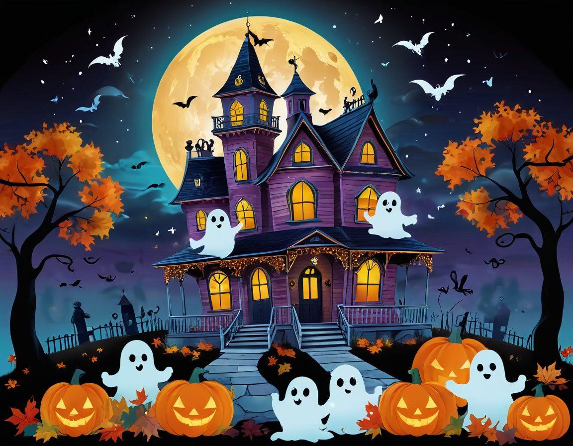 A whimsical scene blending eerie and cheerful elements, featuring a haunted house with glowing windows, surrounded by playful ghosts and colorful autumn leaves. The foreground has a cheerful pumpkin with a friendly smile, and a full moon casting a soft light. This juxtaposition of spooky and cheerful creates an inviting atmosphere. digital illustration. vibrant colors. whimsical style.