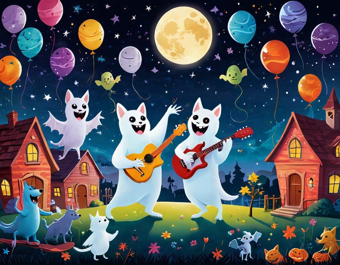 A whimsical scene featuring a group of quirky characters, such as a cheerful ghost wearing glasses, a mischievous vampire juggling bats, and a mischievous werewolf playing the guitar, all enjoying a cosmic carnival under a starry sky. Incorporate colorful balloons, swirling candy floss, and a glowing full moon to enhance the supernatural whimsy. The atmosphere should radiate joy, laughter, and the bizarre charm of supernatural tales. vibrant colors. illustration. cartoon style.